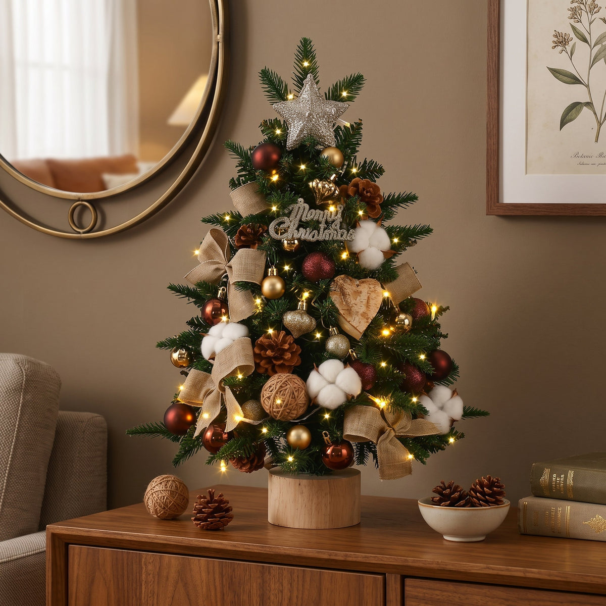 A beautifully decorated small, table-top artificial Christmas tree on a rustic wooden console table in Singapore