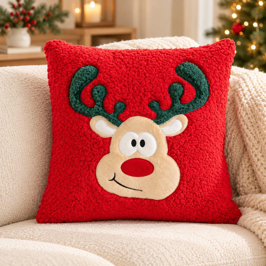Red Christmas cushion cover with reindeer design and fluffy textured fabric