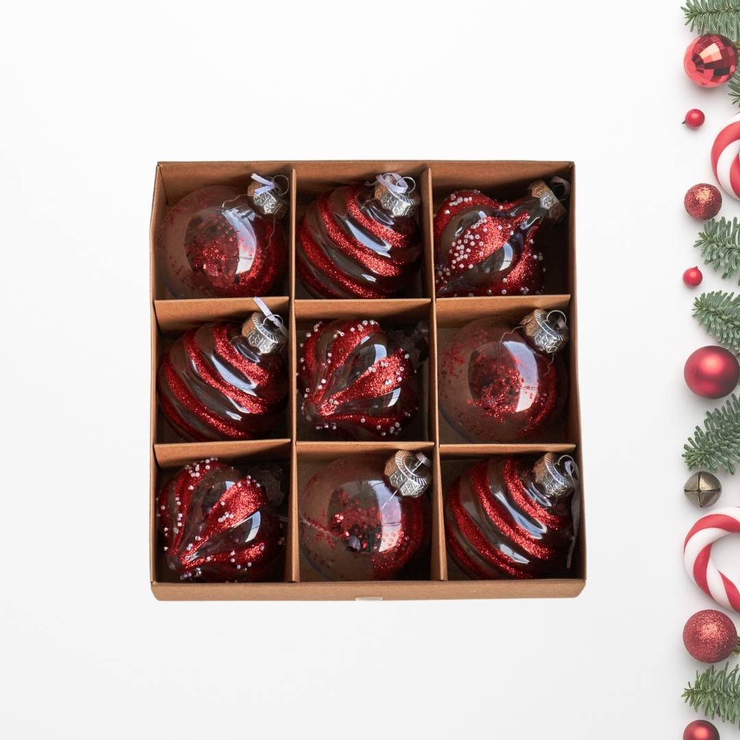 9pcs Set 8cm Red Christmas Hanging Baubles Ornament (D56)