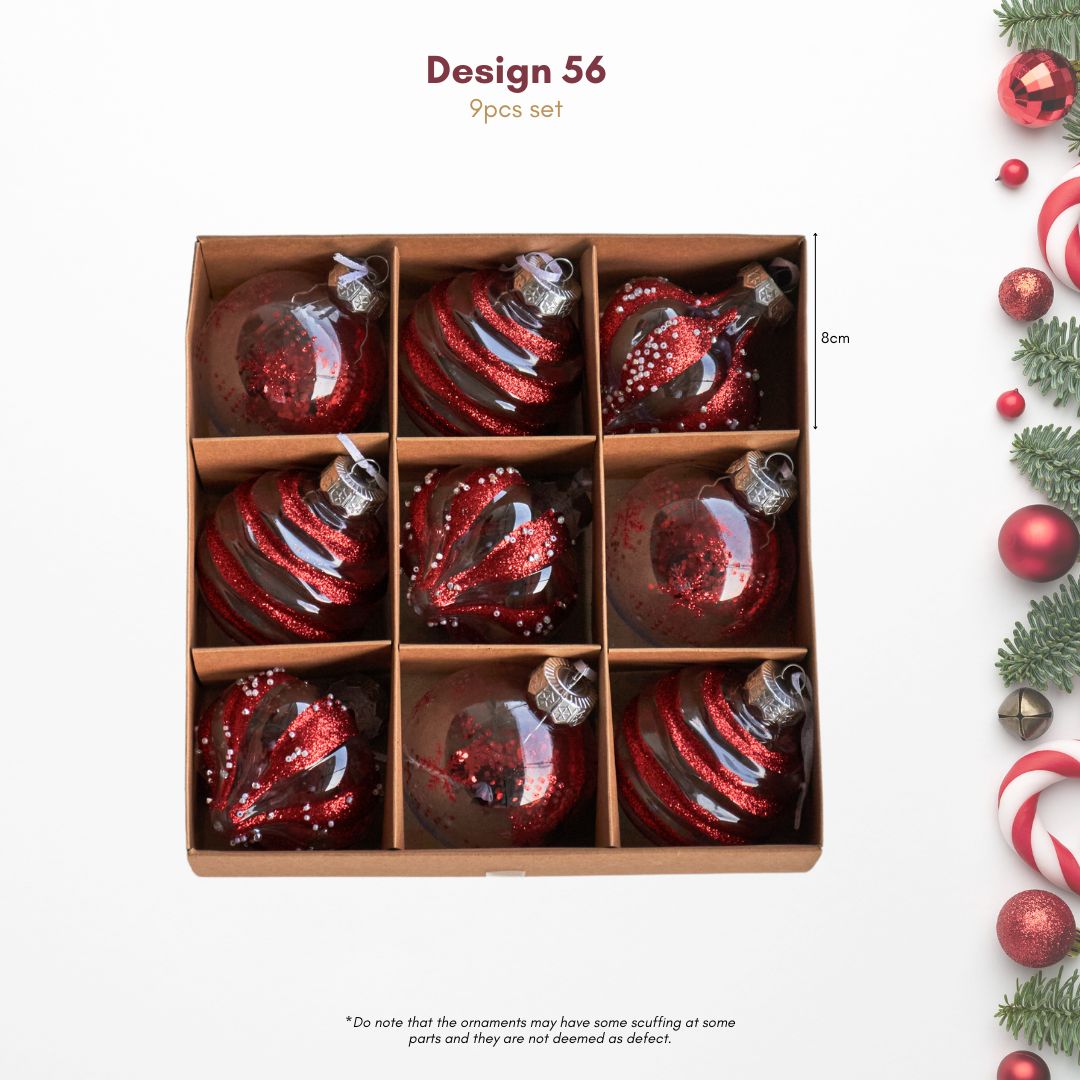 9pcs Set 8cm Red Christmas Hanging Baubles Ornament (D56)