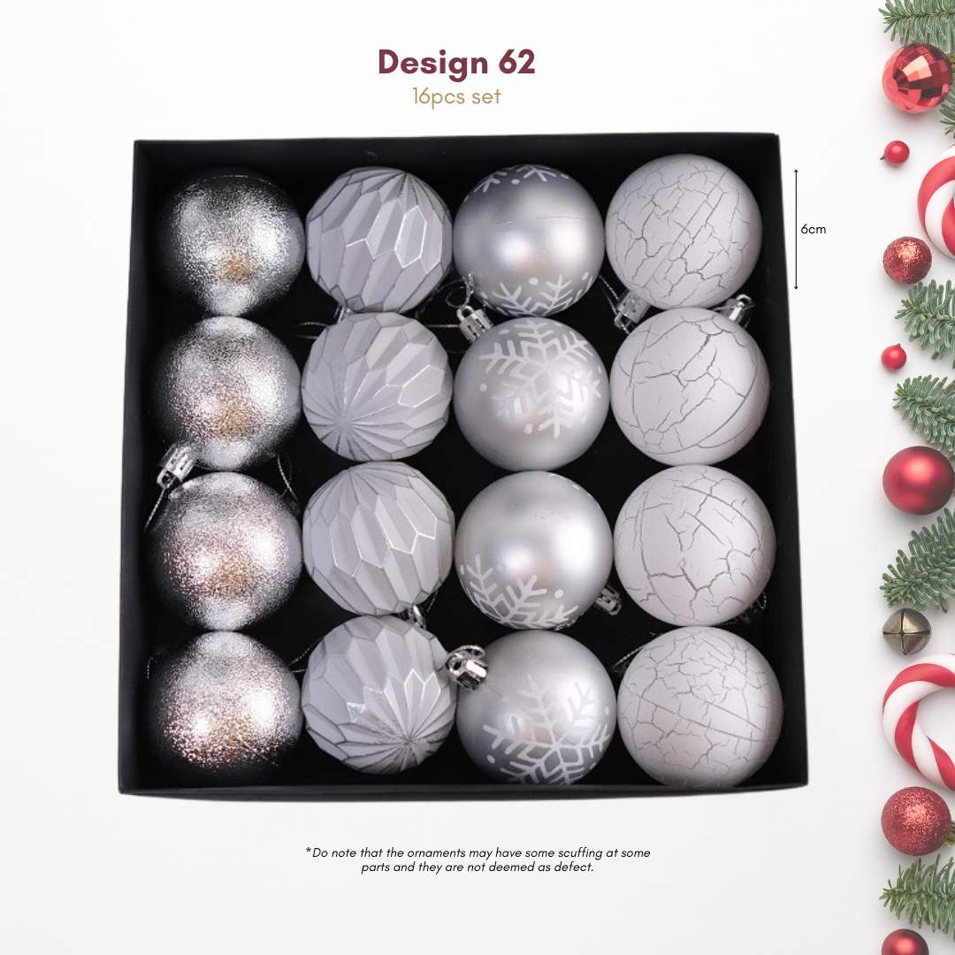 16pcs Set White Silver Christmas Hanging Baubles Ornament (D62)-Speckled Space