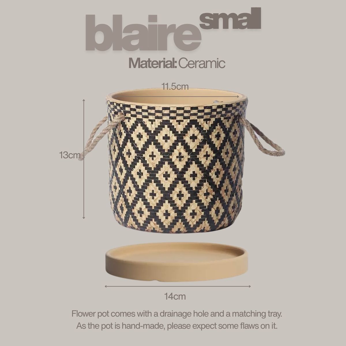 Wabi Sabi Indoor Plant Pot with Rope Handles and Matching Tray