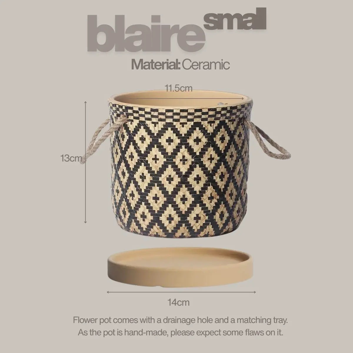 Wabi Sabi Indoor Plant Pot with Rope Handles and Matching Tray Speckled Space