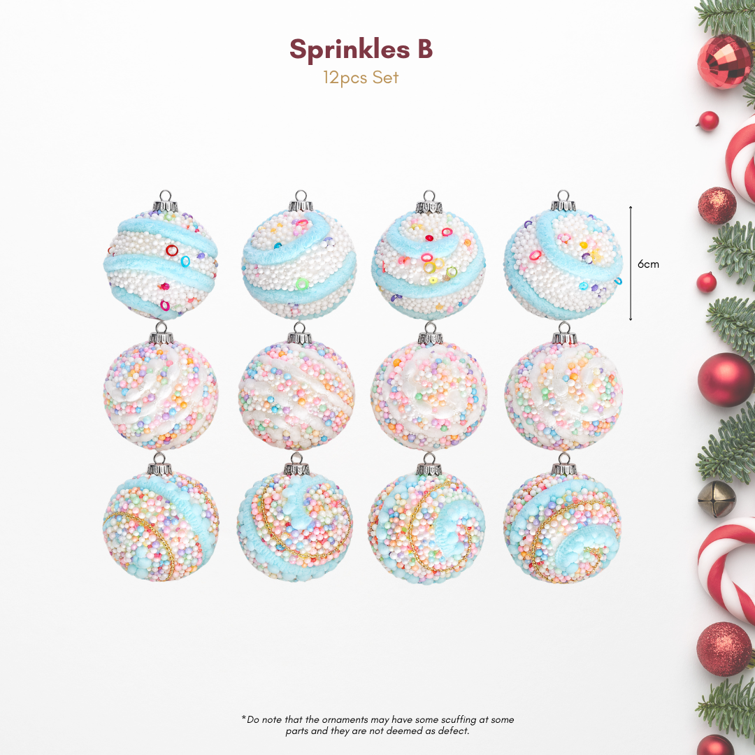 12pcs Sprinkles Pastel Colour Christmas Hanging Baubles Ornaments