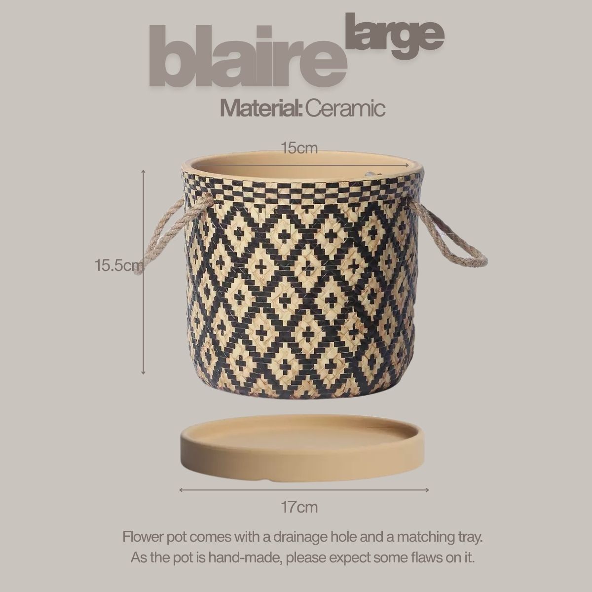 Wabi Sabi Indoor Plant Pot with Rope Handles and Matching Tray