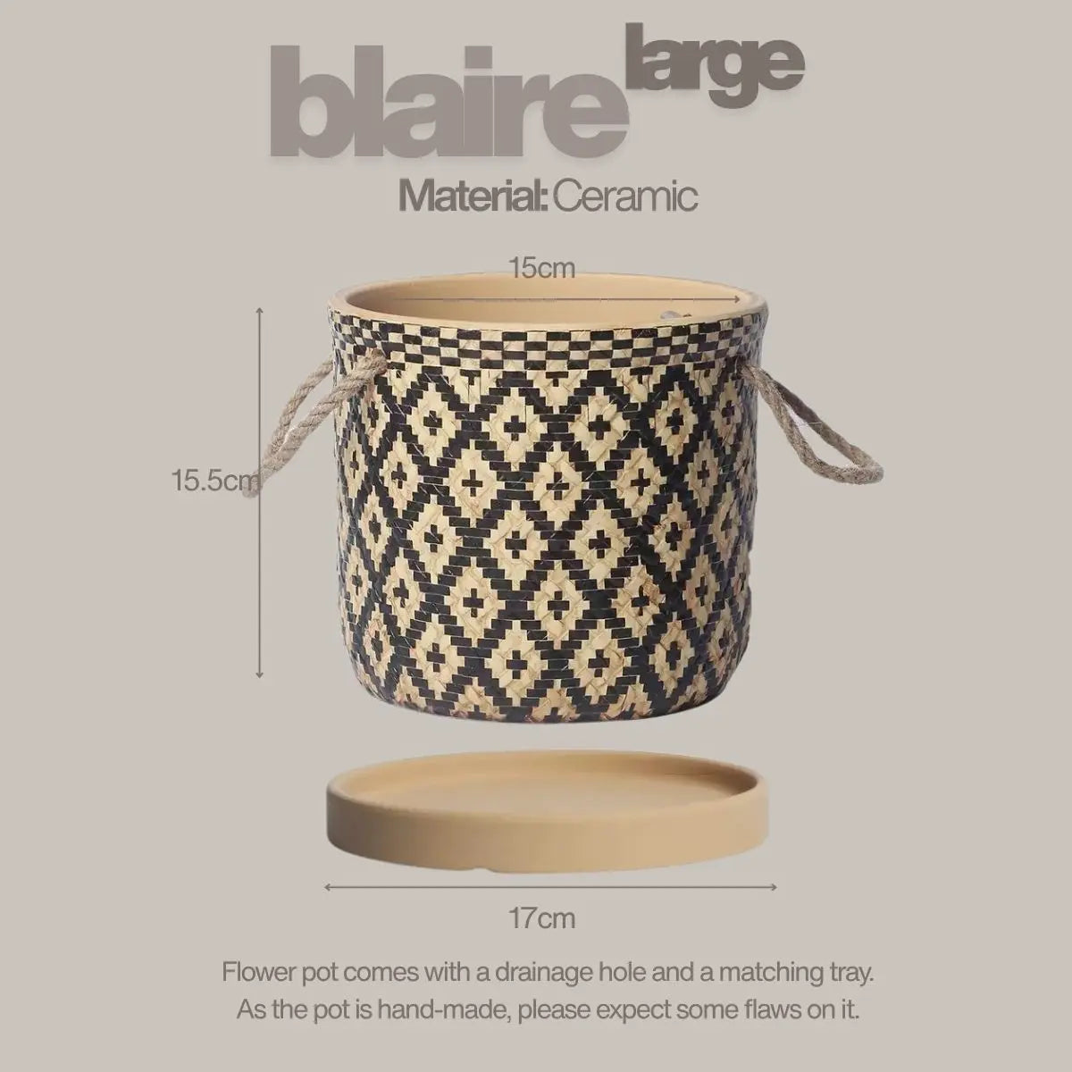 Wabi Sabi Indoor Plant Pot with Rope Handles and Matching Tray Speckled Space