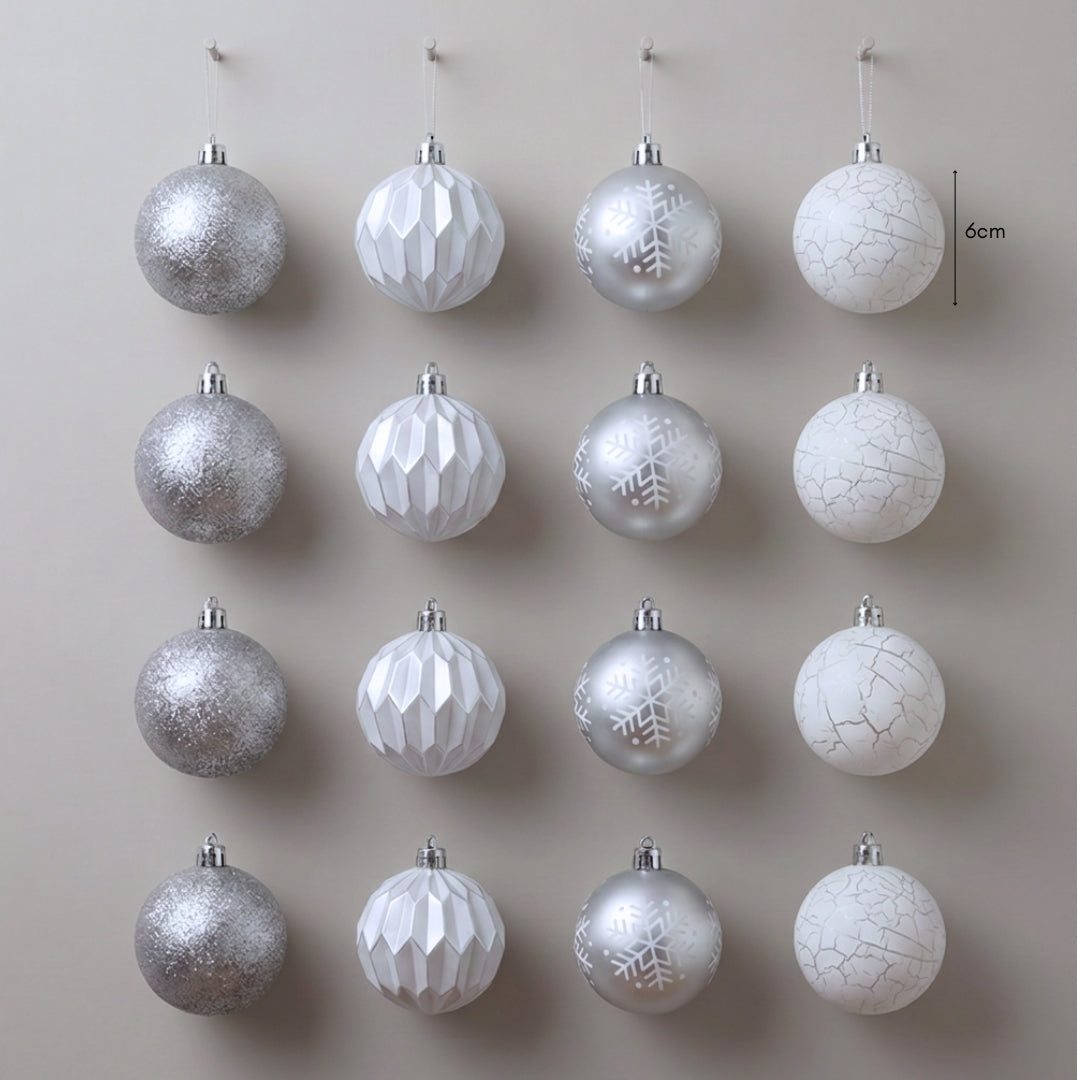 16pcs Set White Silver Christmas Hanging Baubles Ornament (D62)