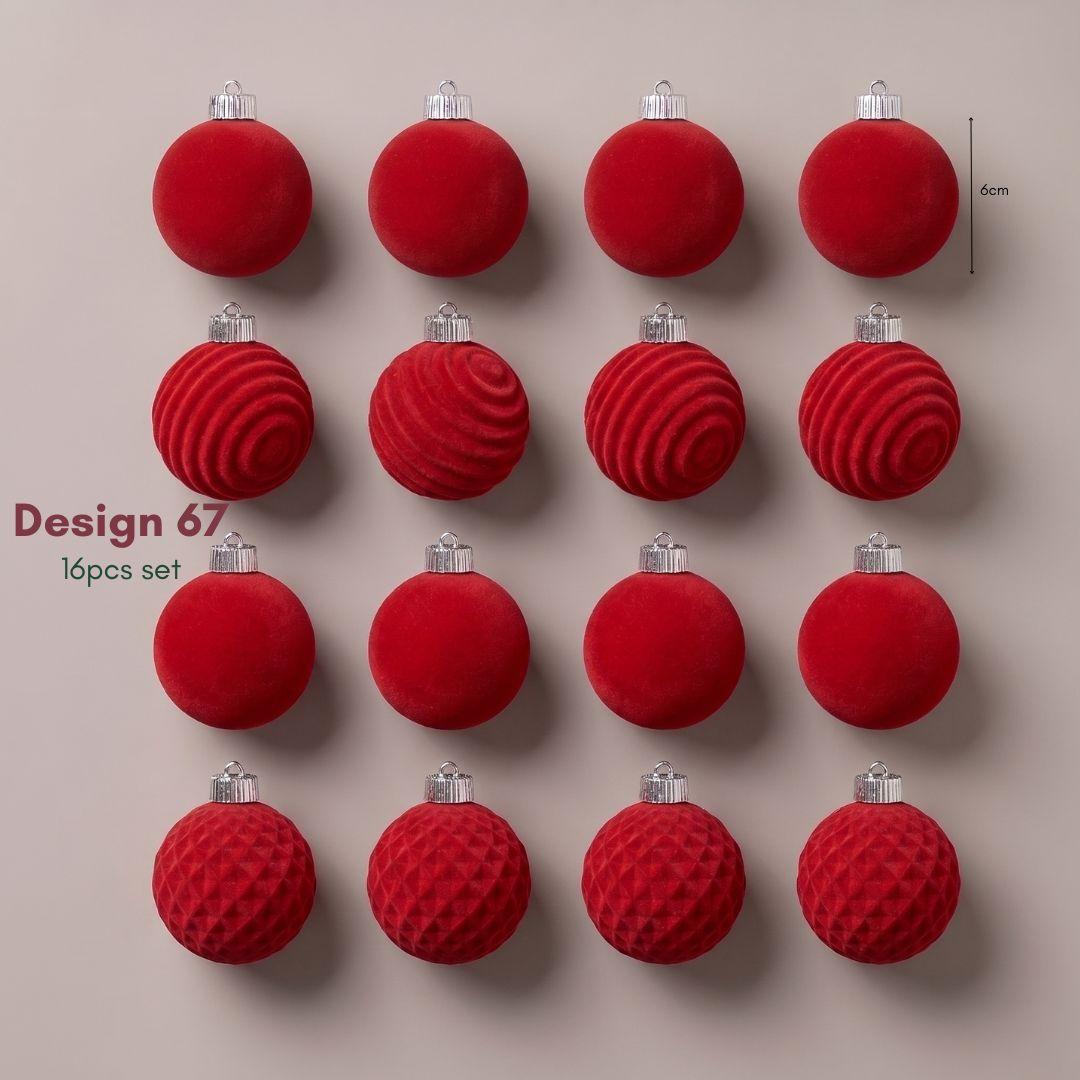 6cm Red Velvet Christmas tree Bauble ornaments hanging on a green artificial Christmas tree with warm white string lights.
