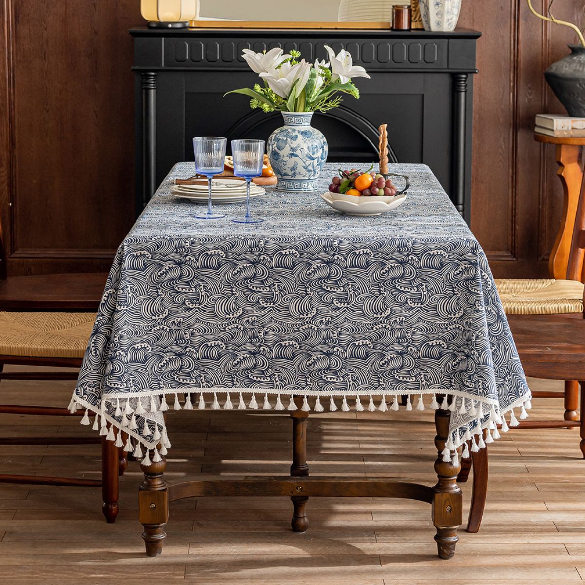 Blue Adelon table cloth and runner set from My Store, showing a smooth fabric with elegant design for dining or decor.