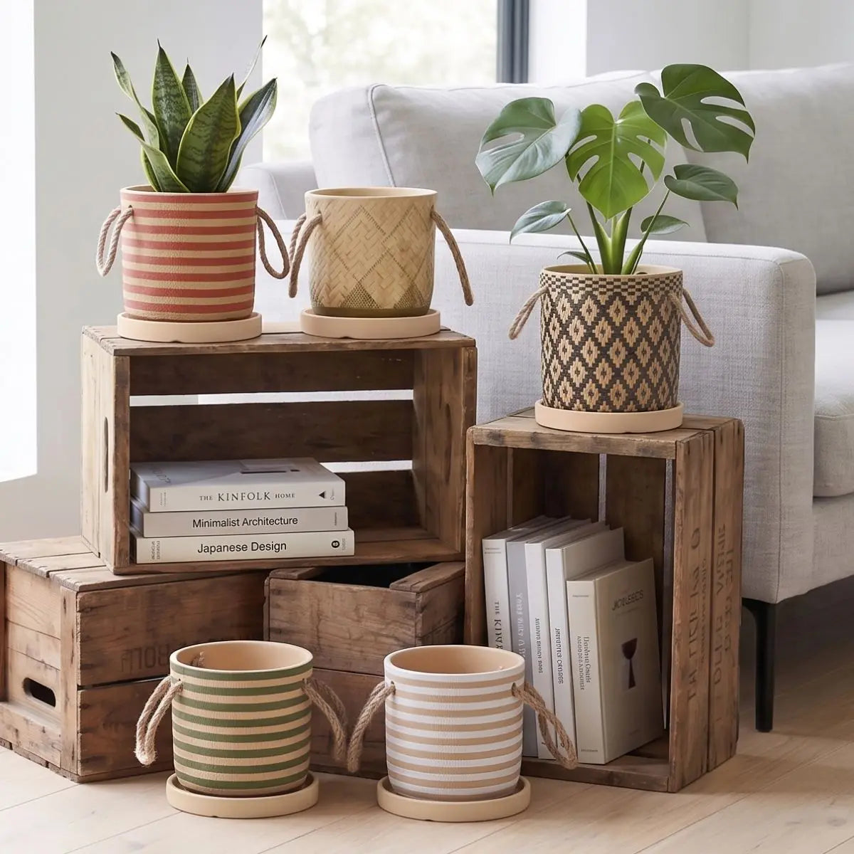 Wabi Sabi Indoor Plant Pot with Rope Handles and Matching Tray Speckled Space