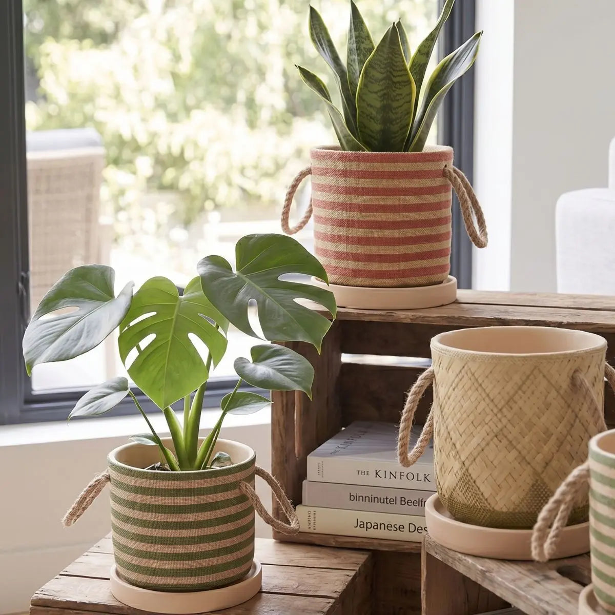 Wabi Sabi Indoor Plant Pot with Rope Handles and Matching Tray Speckled Space