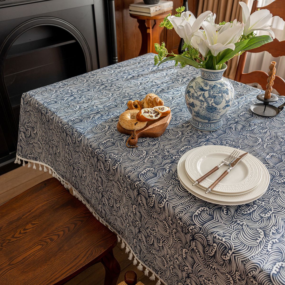 Blue Adelon table cloth and runner from My Store, featuring elegant fabric with a smooth finish, ideal for dining or special occasions.