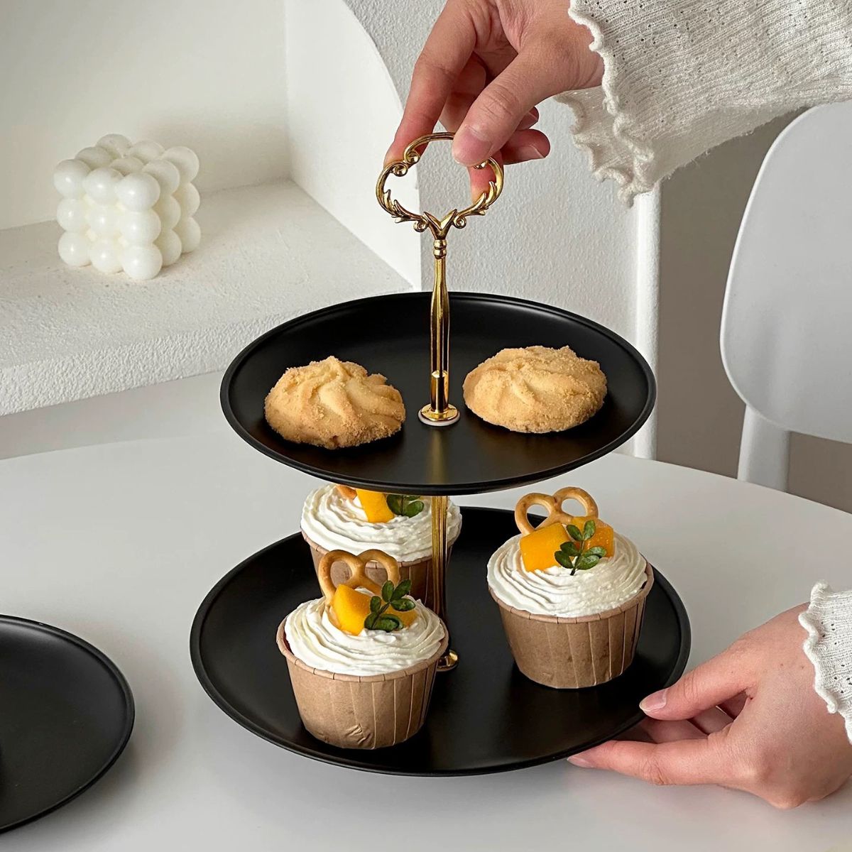 Berinalo Black Stainless Steel 3 Tier Dessert Tray Stand