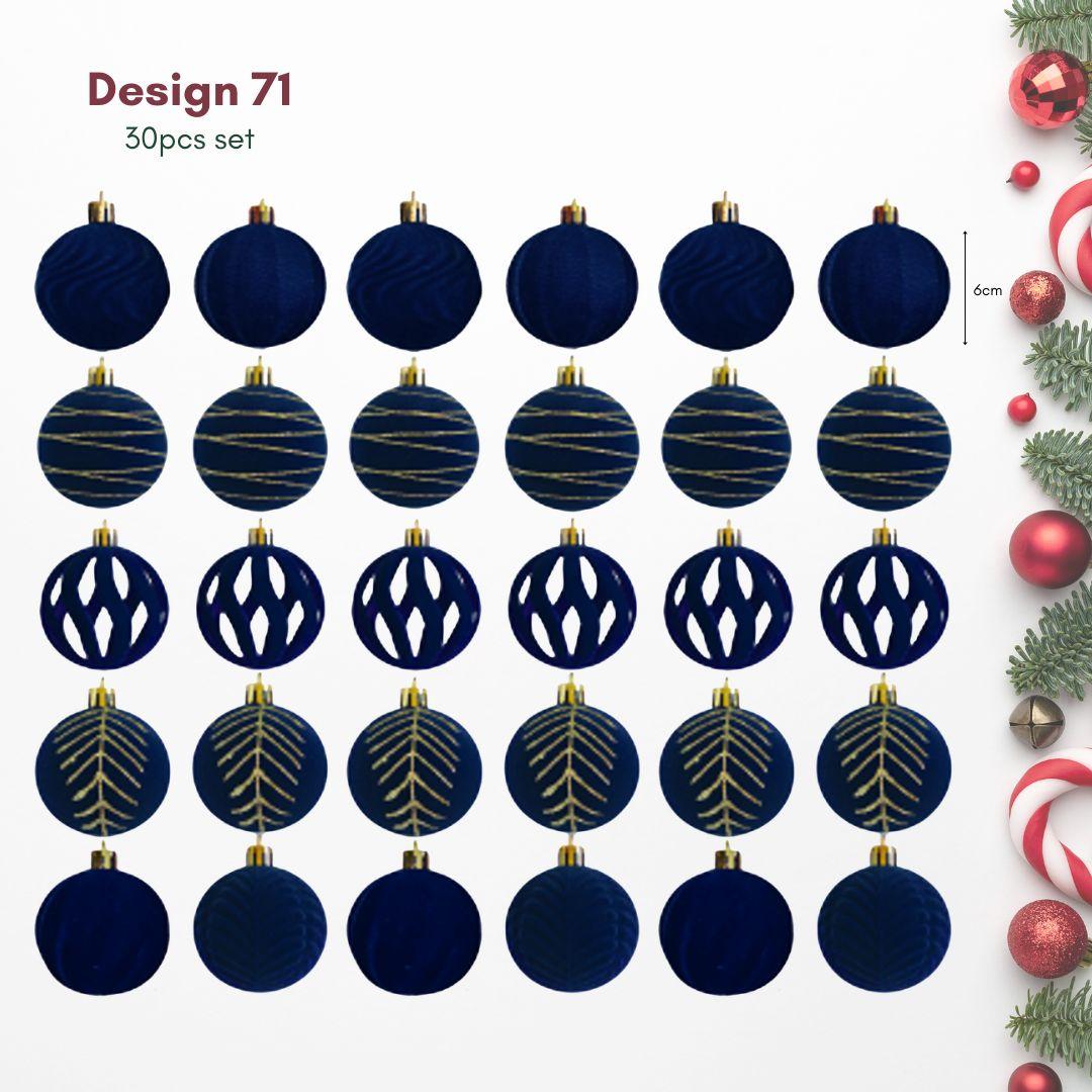 A set of 30 navy blue Christmas ball ornaments arranged in a grid on a white background fo Christmas tree