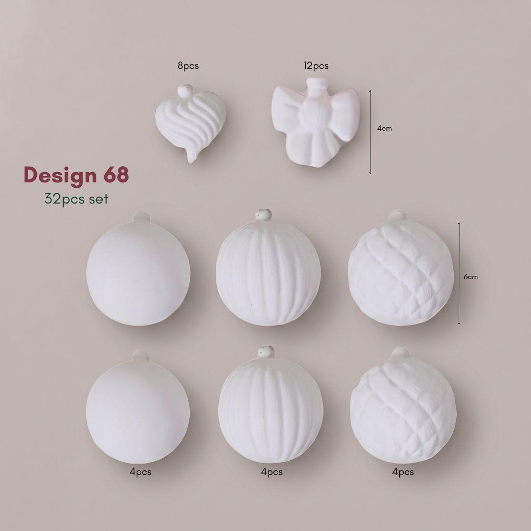 White Velvet Christmas ornament set with 32 pieces including a heart, angel, and textured spheres, shown with quantity counts and dimensions for christmas tree singapore