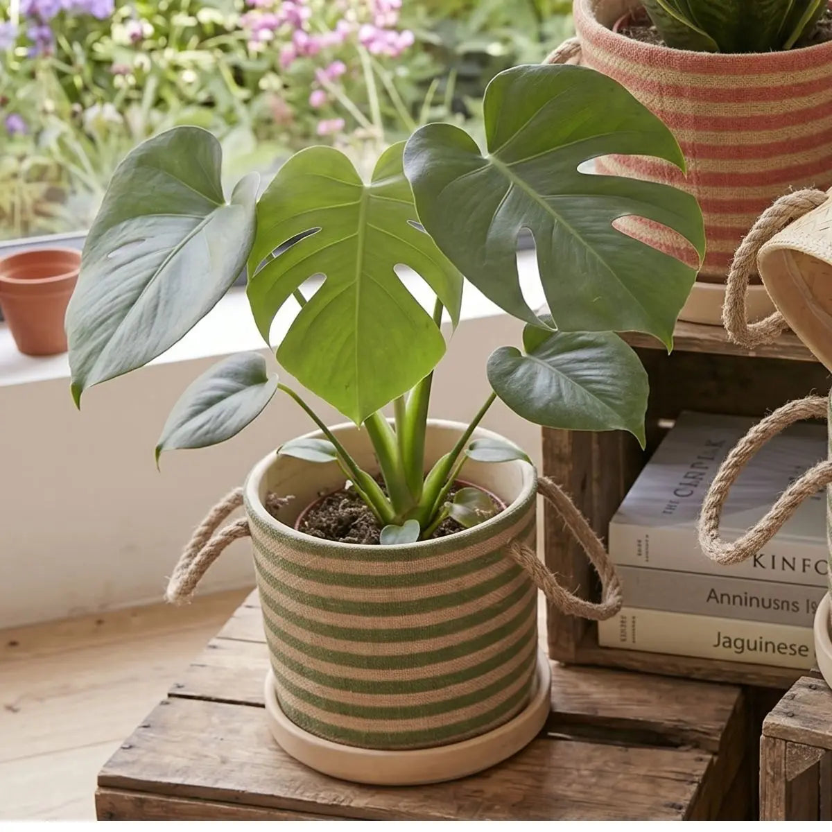 Wabi Sabi Indoor Plant Pot with Rope Handles and Matching Tray Speckled Space