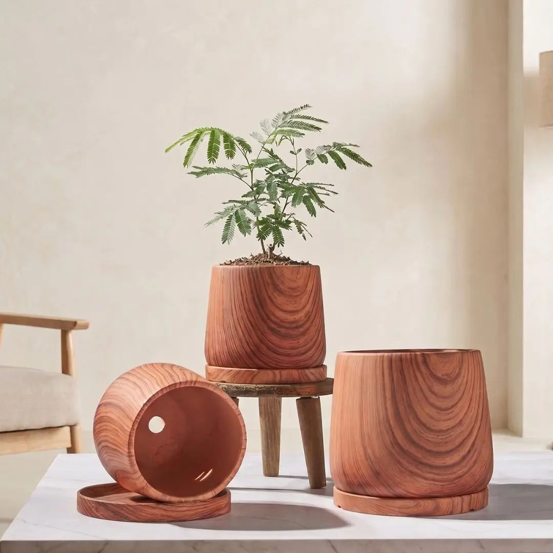 small wood plant pot Woshly Wood-Look Ceramic Flower Pot with Tray