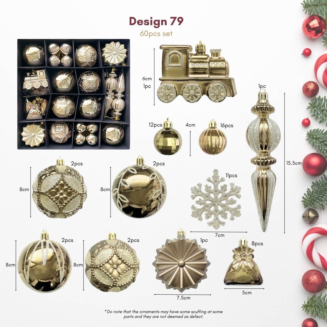 60pcs Set Gold Christmas Hanging Baubles Ornament (D79)