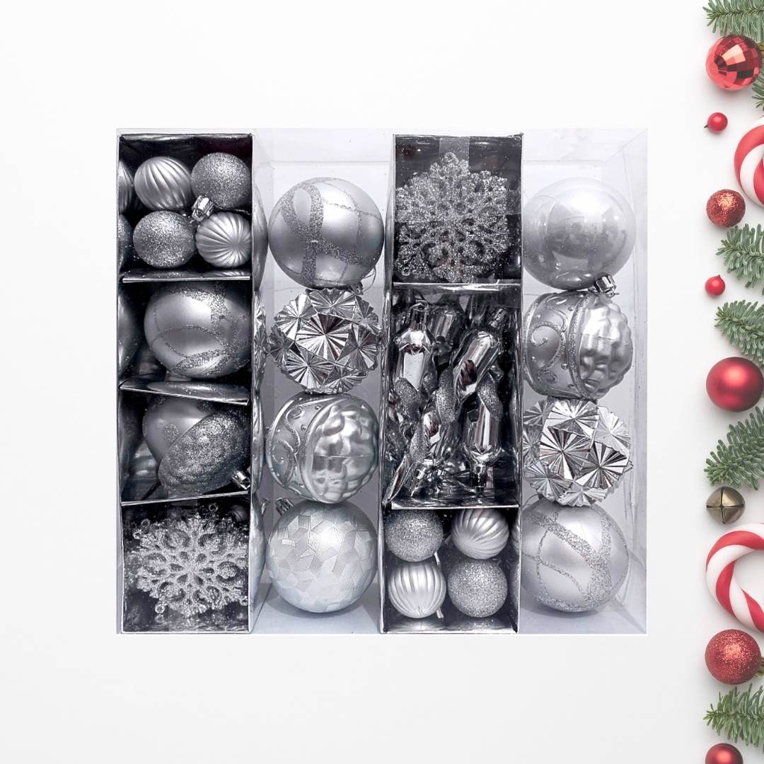 62pcs Set Silver Christmas Hanging Baubles Ornament (D21)-Speckled Space