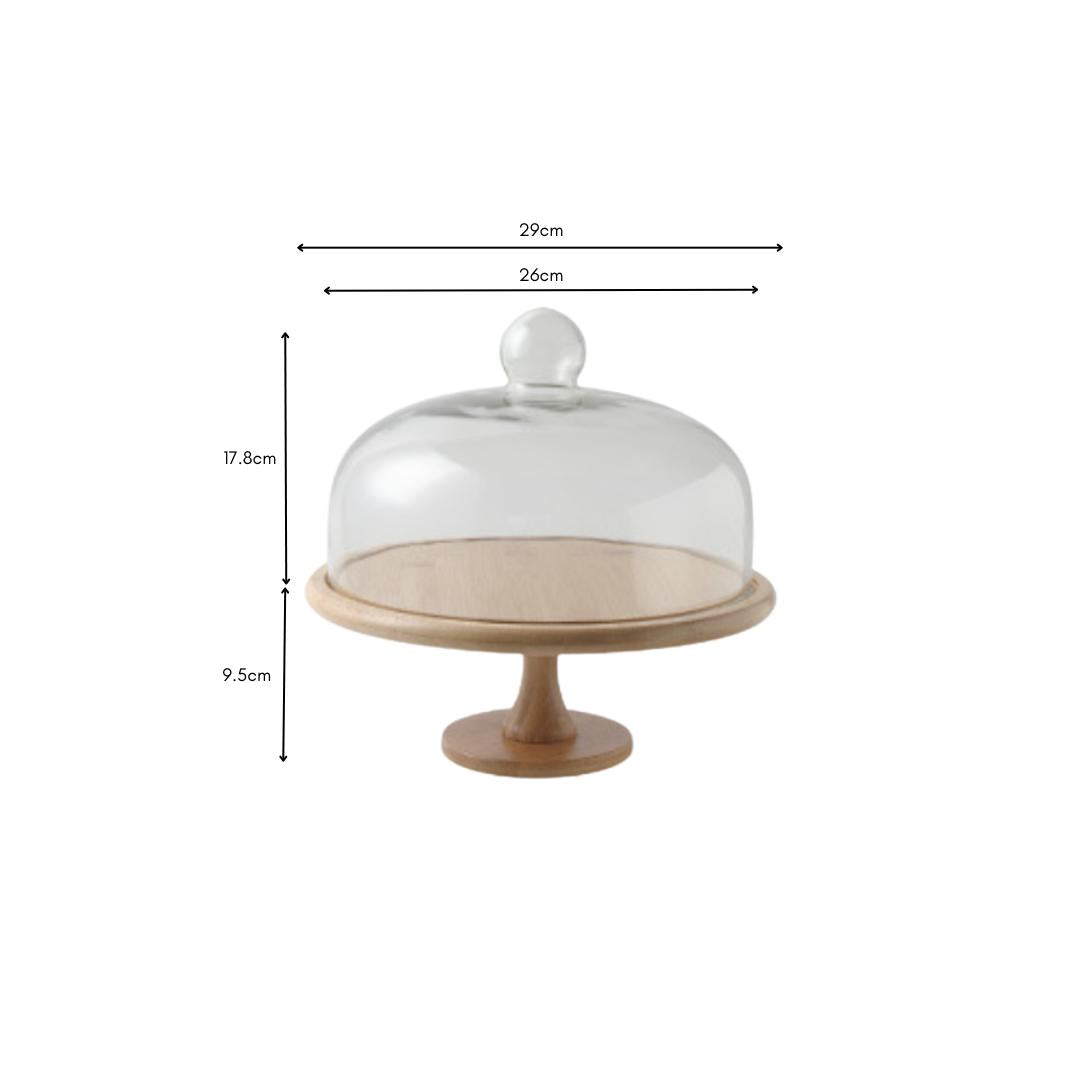 Walmer Cake Serving Stand with Dome Glass Lid Wooden Platter