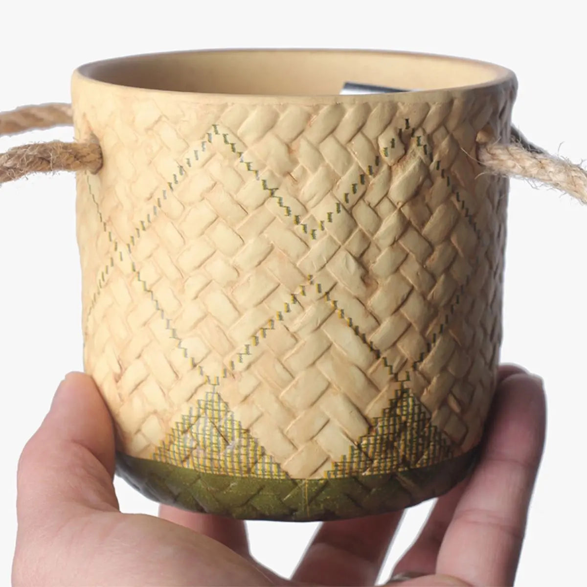 Wabi Sabi Indoor Plant Pot with Rope Handles and Matching Tray Speckled Space