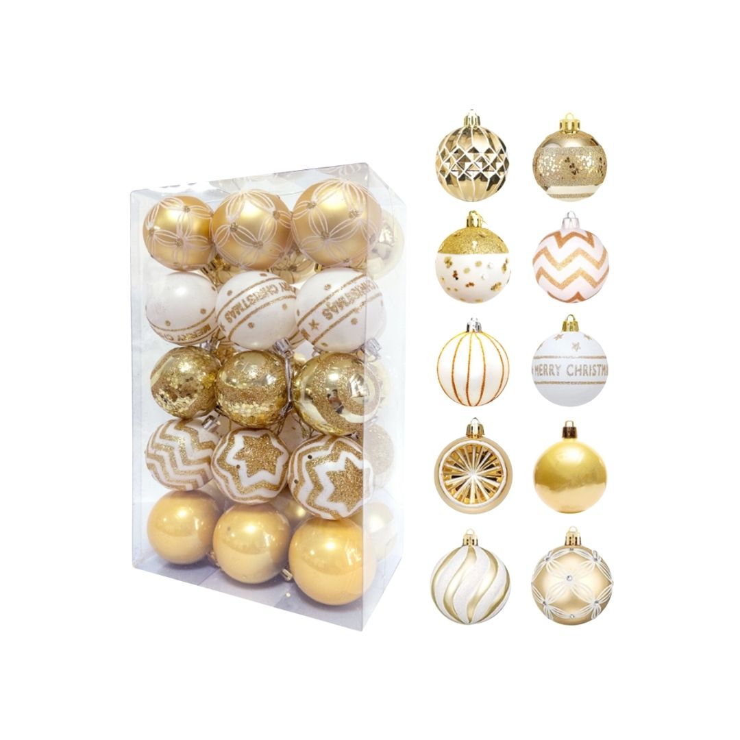 30pcs Set Gold White Christmas Hanging Baubles Ornament