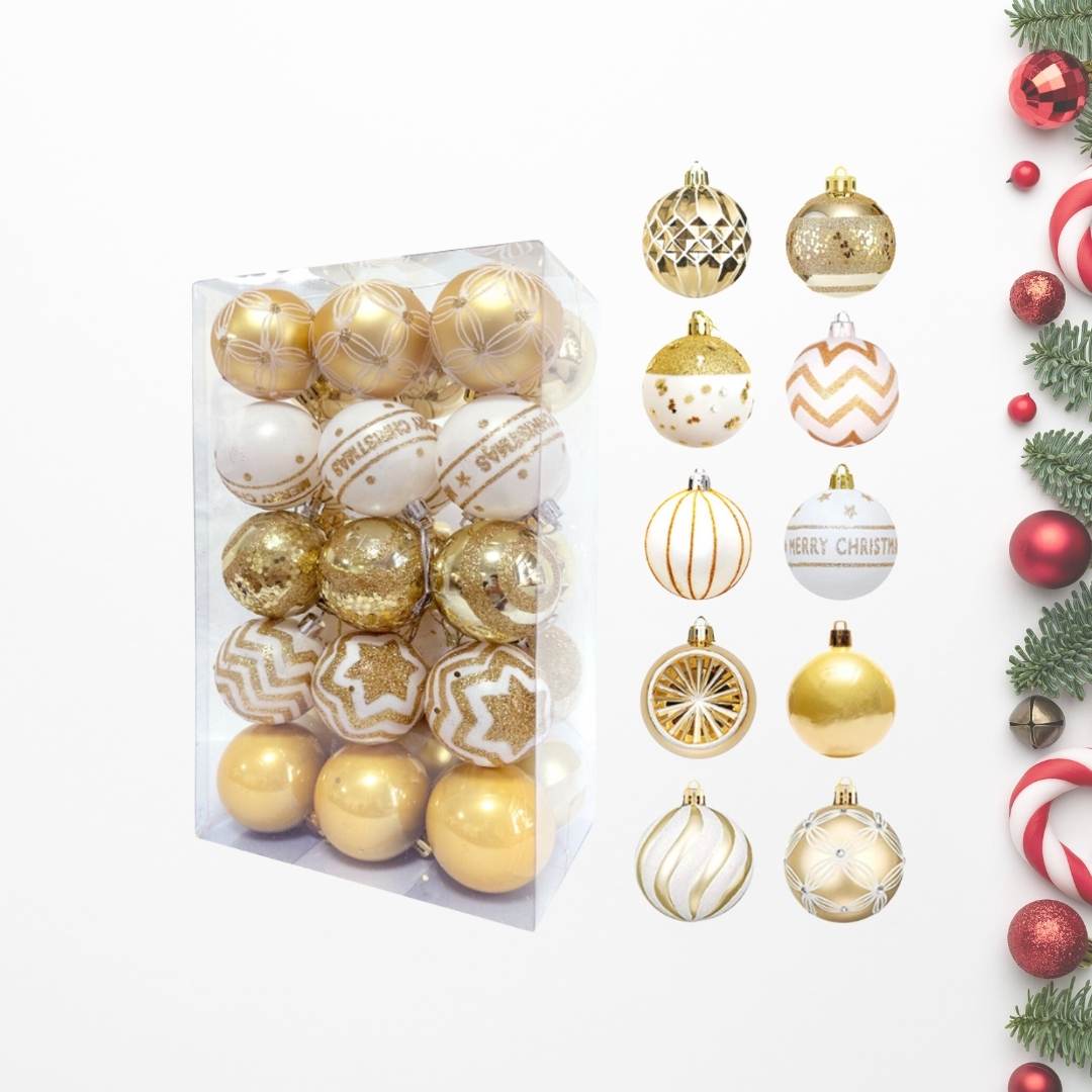 30pcs Set Gold White Christmas Hanging Baubles Ornament (D24)
