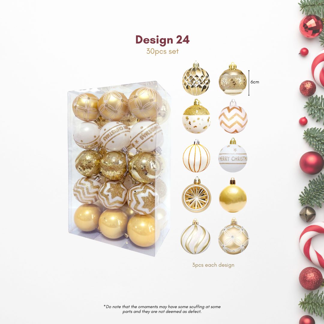 30pcs Set Gold White Christmas Hanging Baubles Ornament (D24)