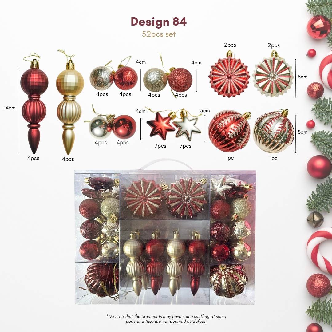 52pcs Set Red Gold Christmas Hanging Baubles Ornament (D84)