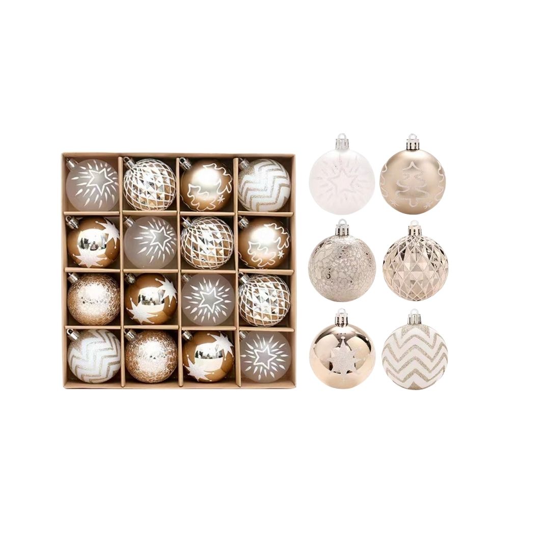 16pcs Set Gold White Christmas Hanging Baubles Ornament