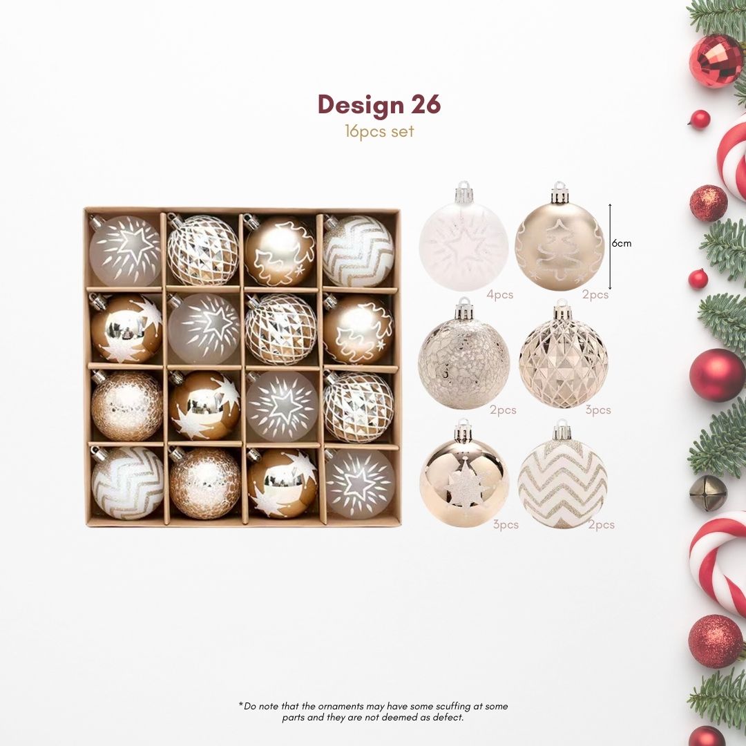 16pcs Set Gold White Christmas Hanging Baubles Ornament