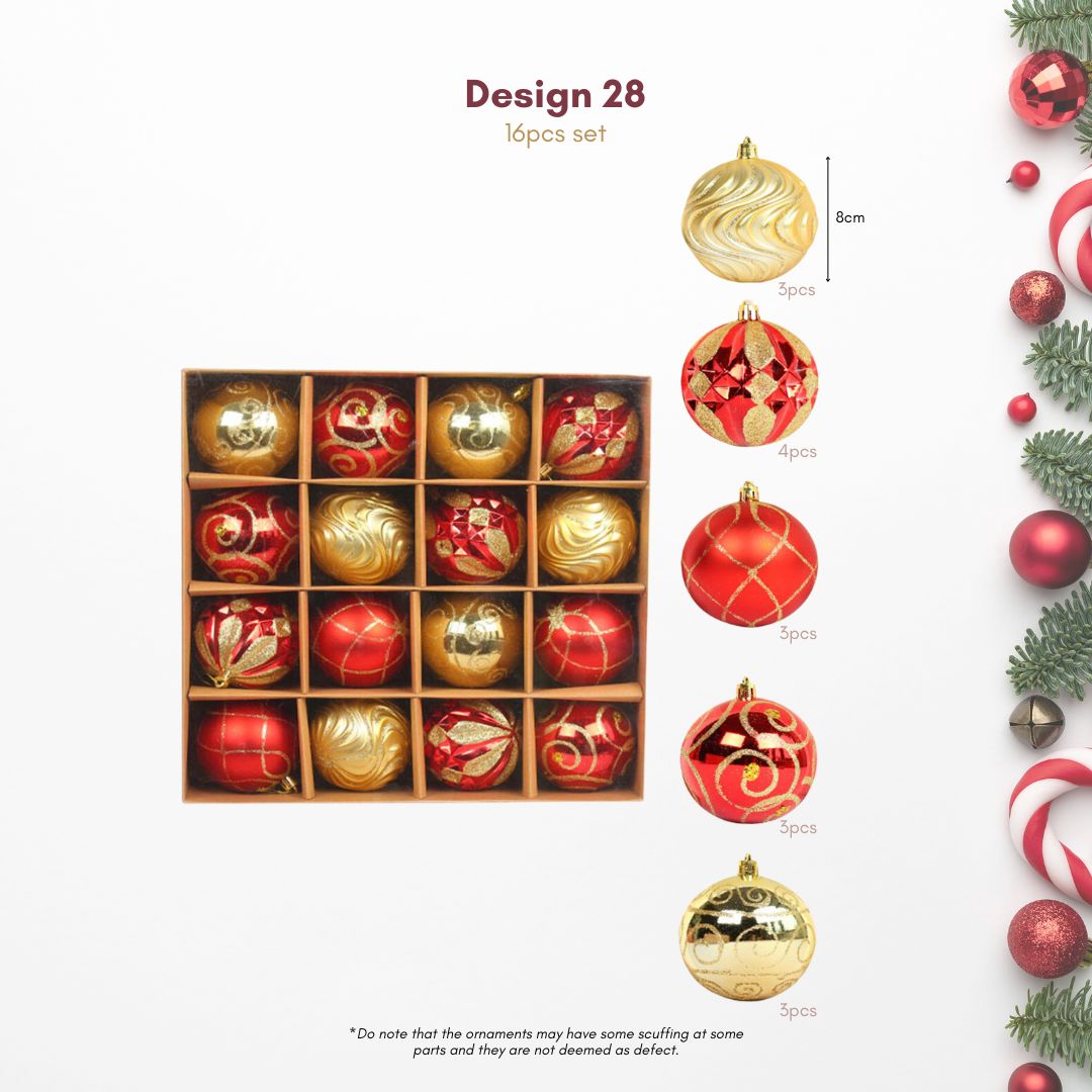 16pcs Set 8cm Gold Red Christmas Hanging Baubles Ornament (D28)