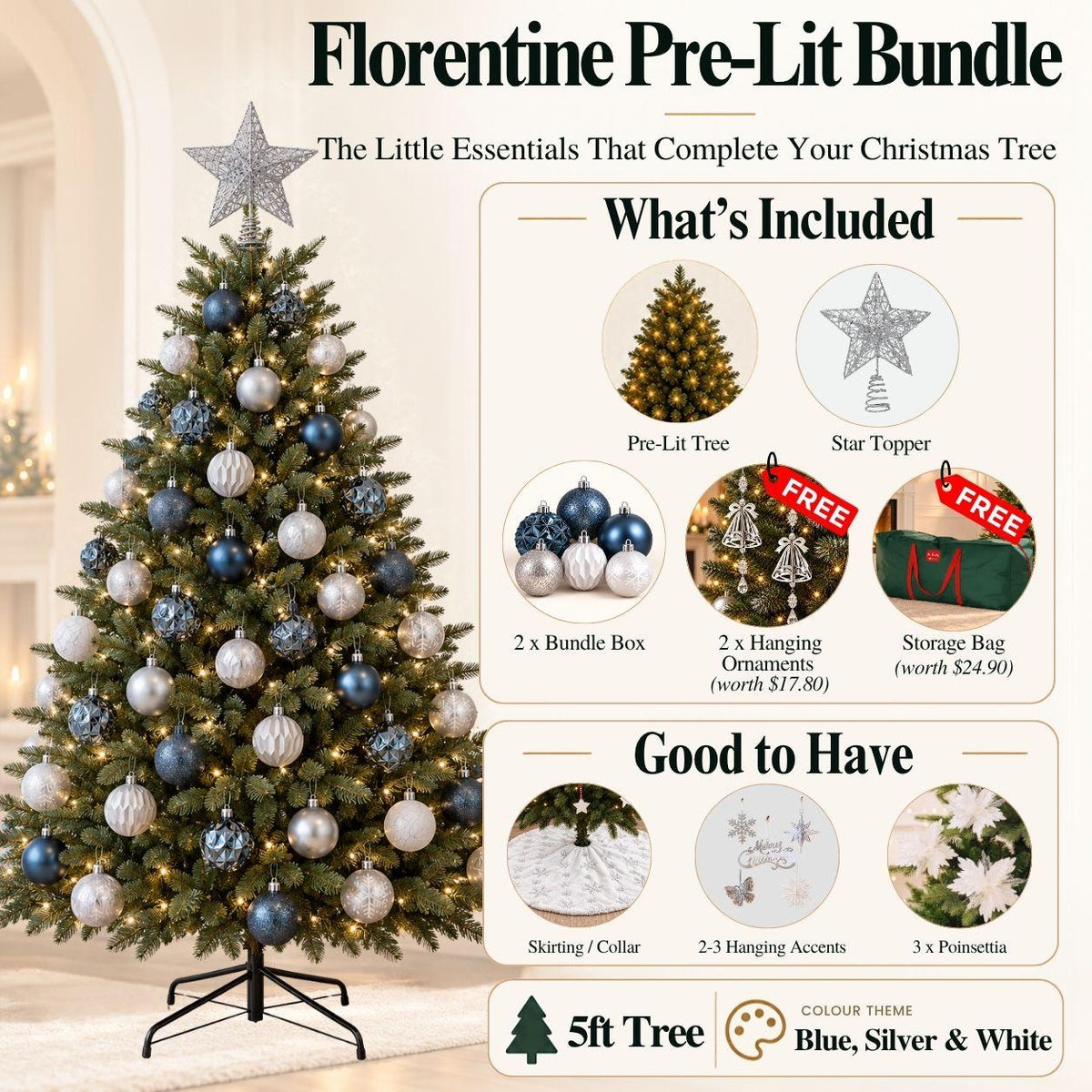 Florentine Prelit LED 5FT Blue Silver Christmas Tree Bundle Set