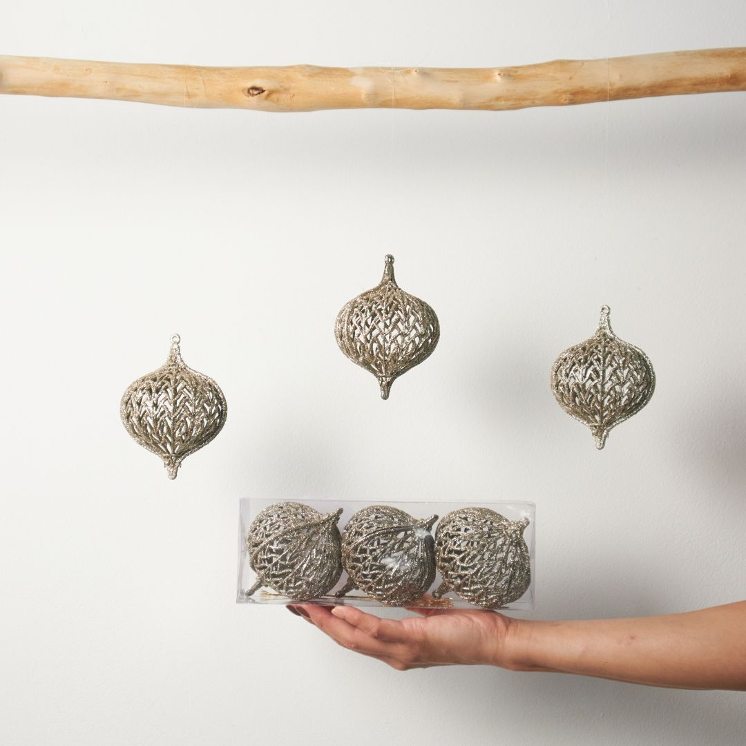 Ruby Champagne Gold 3pcs Christmas Hanging Baubles Design C