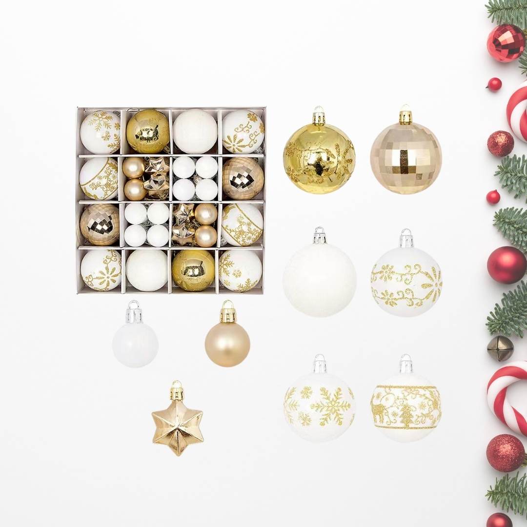 44pcs Set White Gold Christmas Hanging Baubles Ornament (D30)