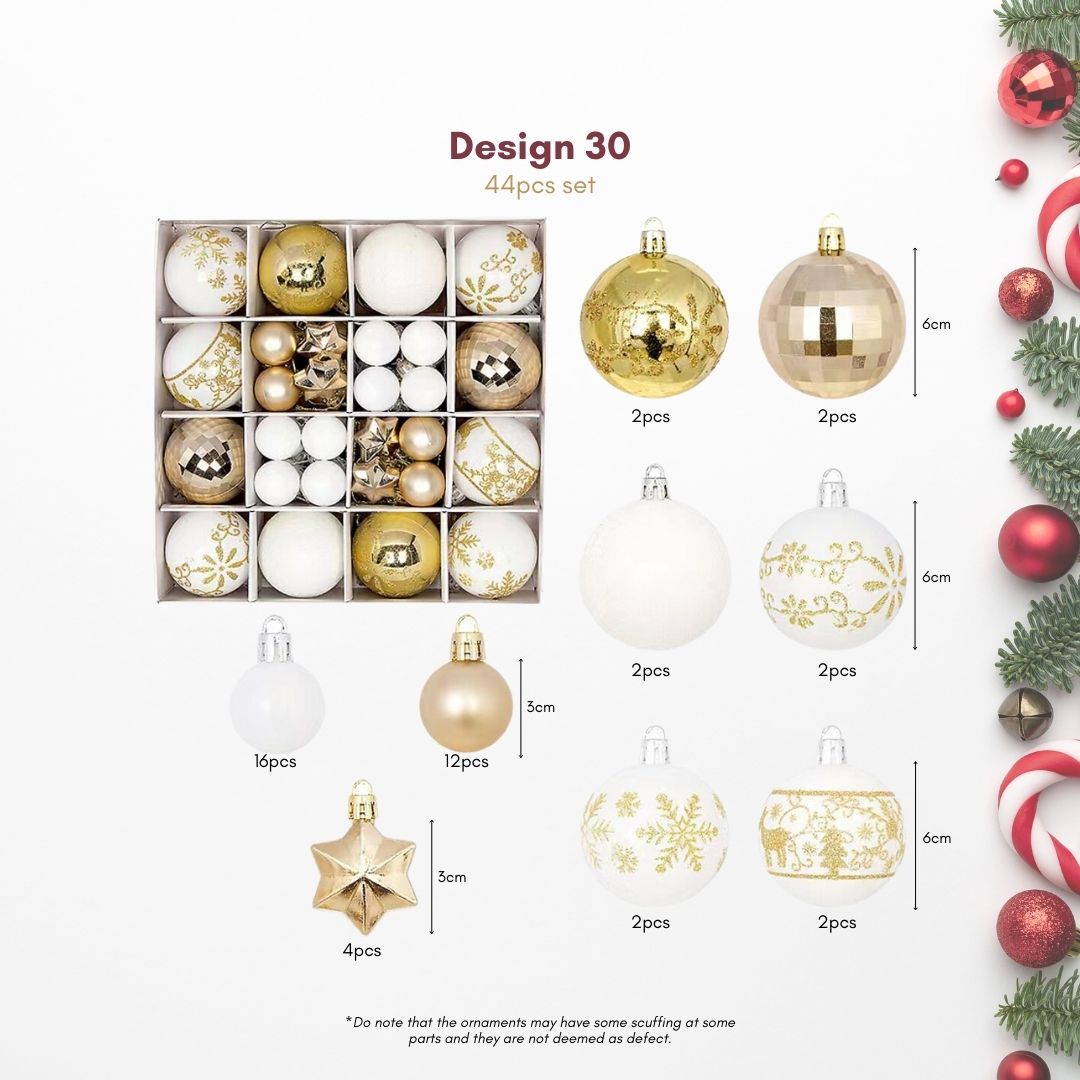44pcs Set White Gold Christmas Hanging Baubles Ornament (D30)