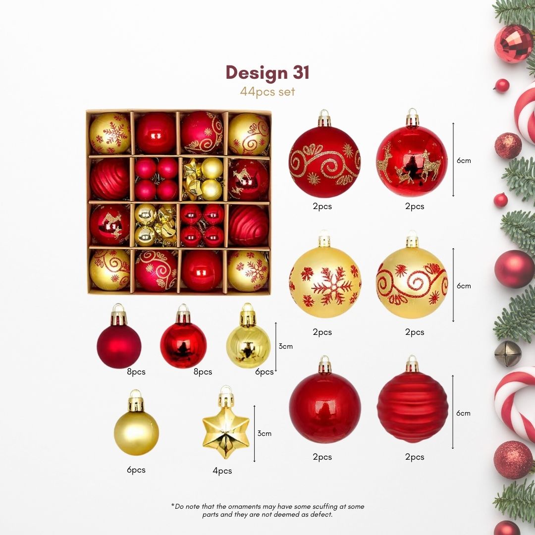 44pcs Set Red Gold Christmas Hanging Baubles Ornament (D31)