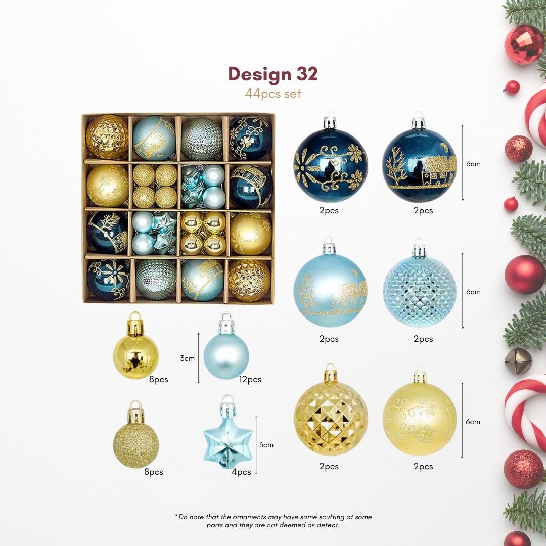 44pcs Set Blue Gold Christmas Hanging Baubles Ornament