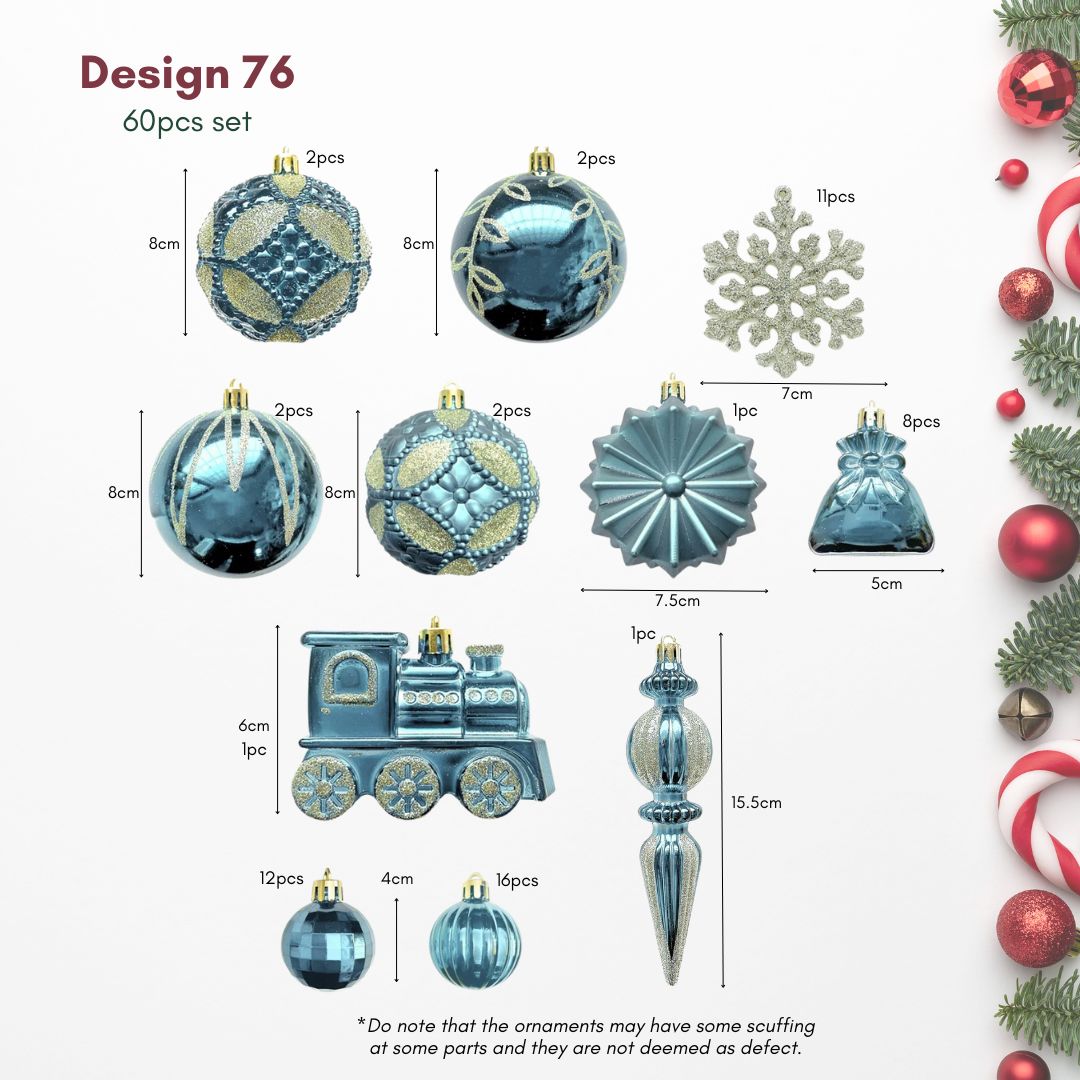 Turquoise Blue Christmas Hanging Baubles Ornament - 60pcs Set (D76)