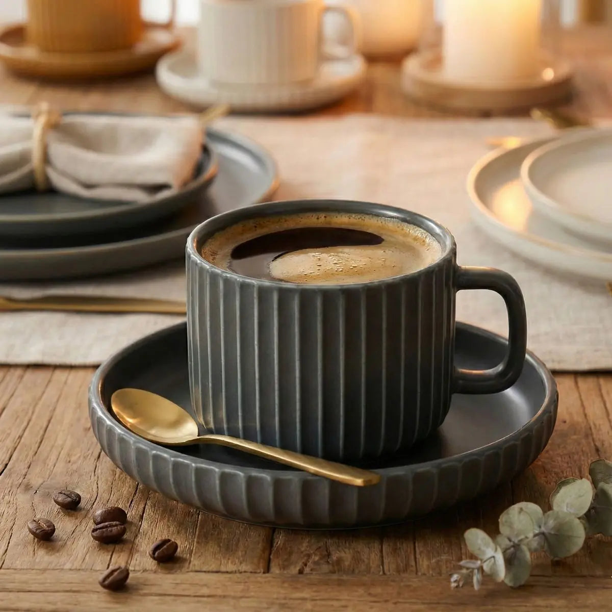 Lojern Dark Grey Ceramic Teacup with Saucer My Store