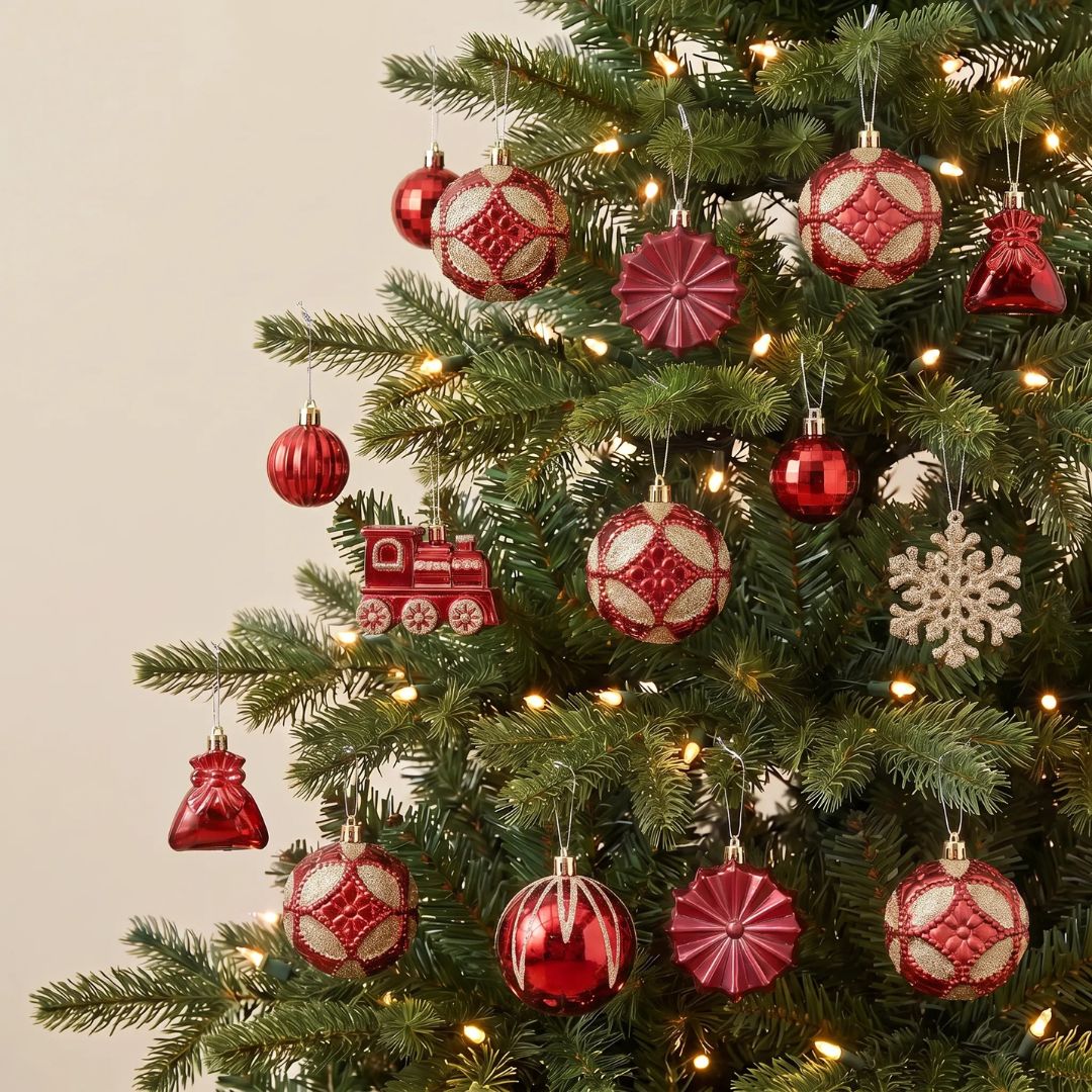Red Gold Christmas Hanging Baubles Ornament - 60pcs Set (D77)