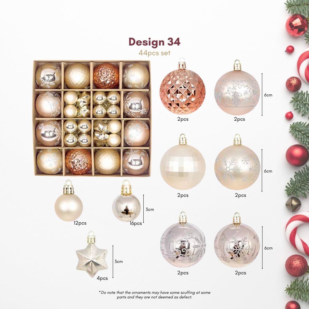 44pcs Set Champagne Gold Christmas Hanging Baubles Ornament