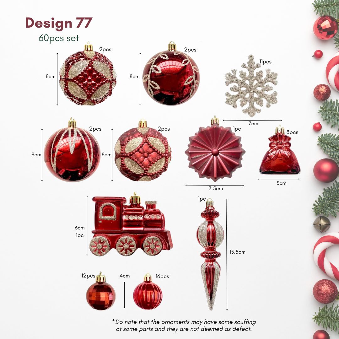 Red Gold Christmas Hanging Baubles Ornament - 60pcs Set (D77)