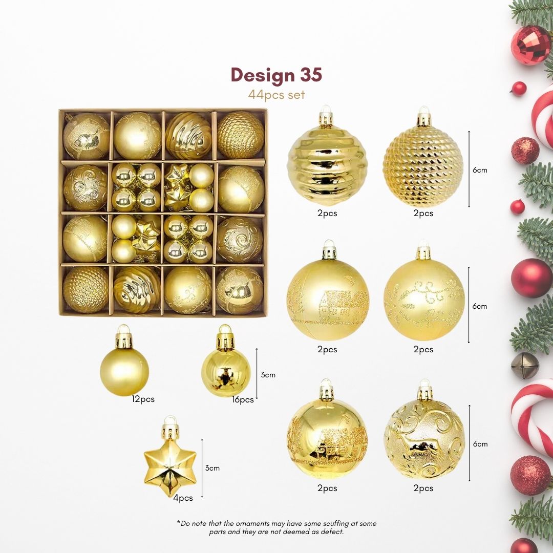 44pcs Set Gold Christmas Hanging Baubles Ornament
