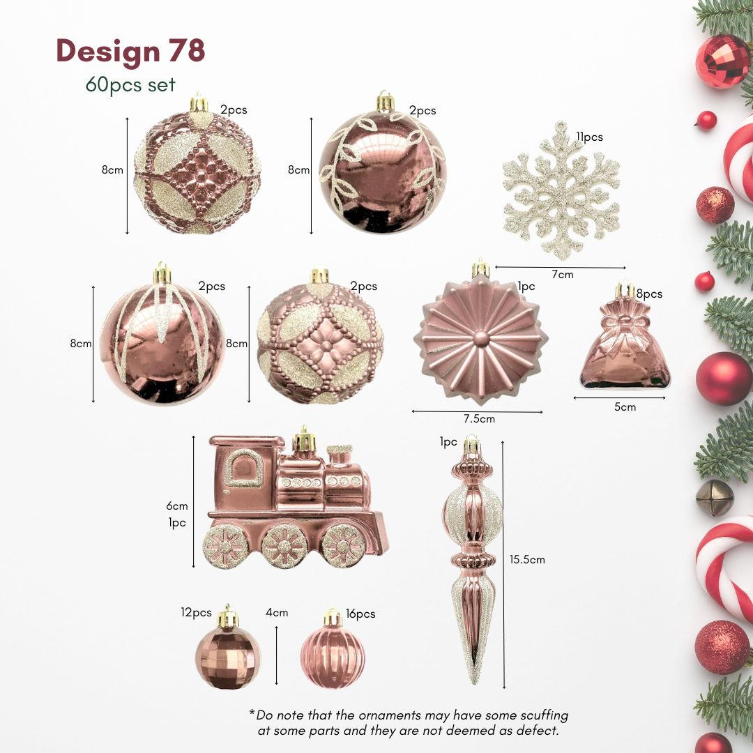 Rose Gold Christmas Hanging Baubles Ornament - 60pcs Set (D78)