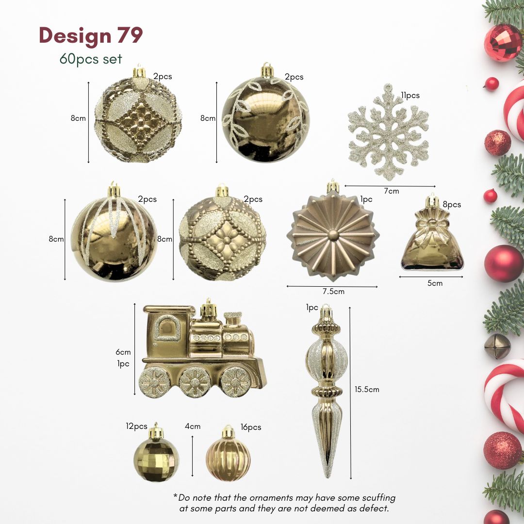60pcs Set Gold Christmas Hanging Baubles Ornament (D79)