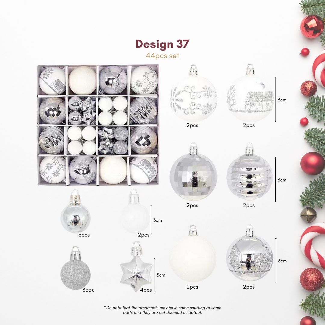44pcs Set Silver White Christmas Hanging Baubles Ornament
