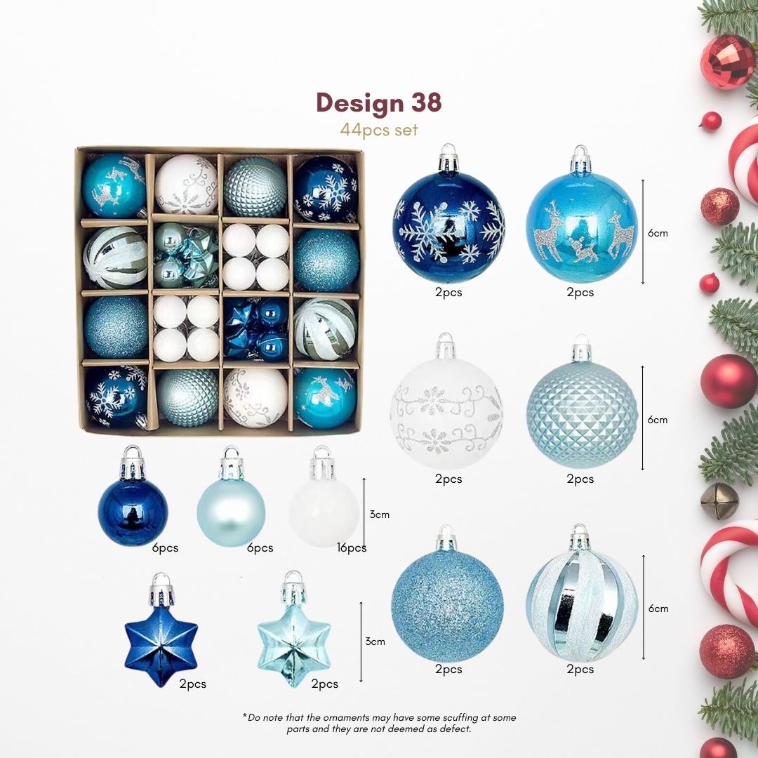 44pcs Set Blue White Christmas Hanging Baubles Ornament