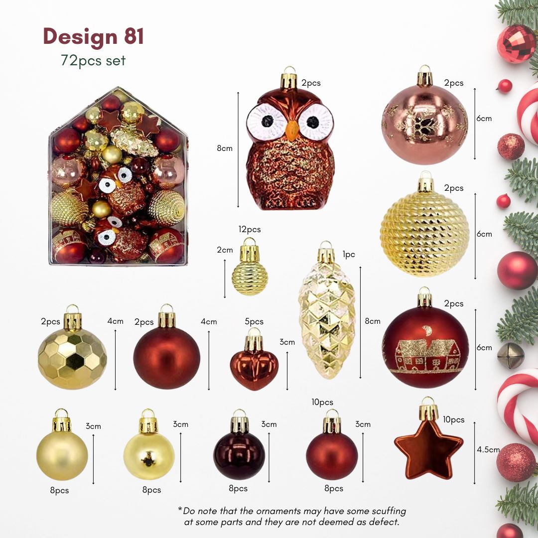 Gold Brown Christmas Hanging Baubles Ornament - 72pcs Set (D81)