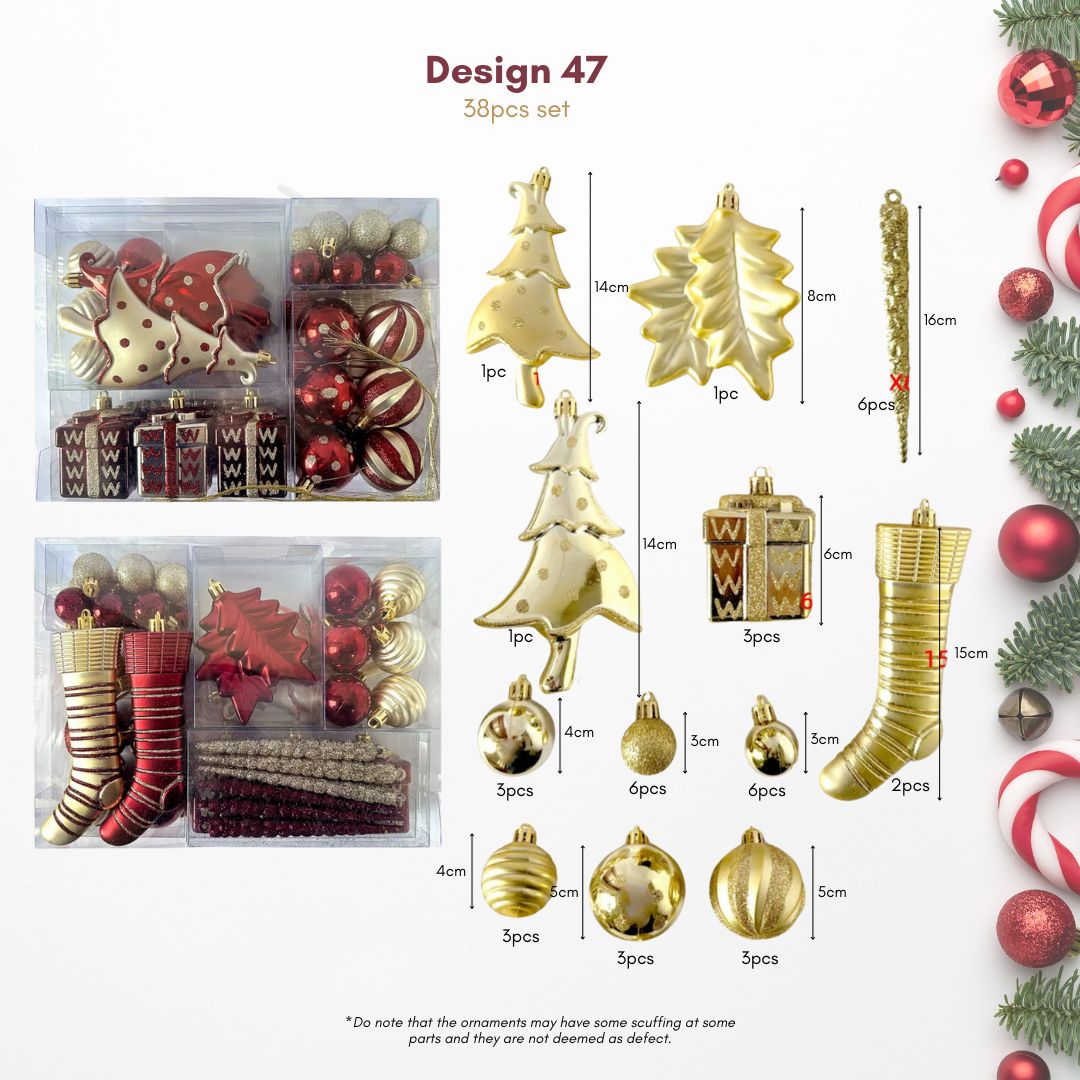 38pcs Set Maroon Gold Christmas Hanging Baubles Ornament (D47)